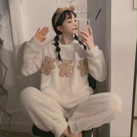 2pcs/Set Women's Pajamas Winter Facecloth Long-Sleeved Padded And Thickened Warm Student Pajamas Homewear Suit Bear Girls Clothe