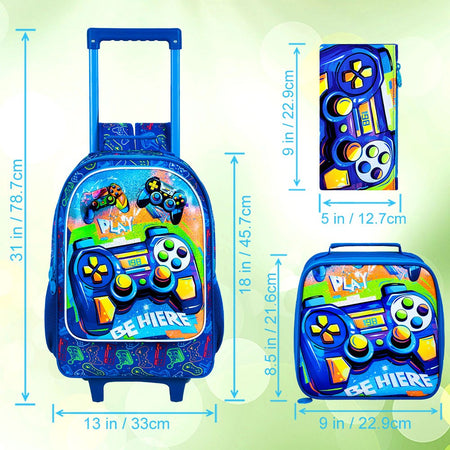 3PCS Rolling Backpack for Boys, Kids Roller Bookbag with Wheels, Gamer Wheeled School Backpack for Elementary Preschool Kinderga
