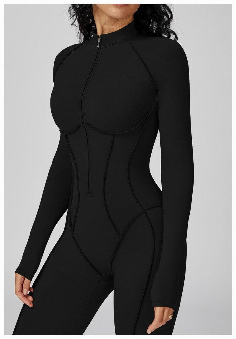 Women's Yoga Jumpsuit Long Sleeved Stand Collar Half Zip High-Intensity Workout One Piece Contrast Color Gym Fitness BodySuit