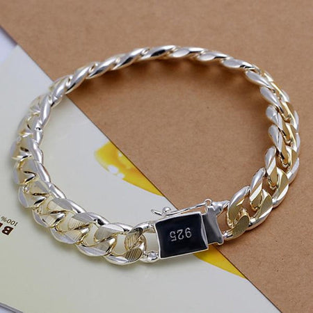 925 Sterling Silver Colorful 10 MM Sideways Cuban Chain Mens & Womens Wedding Bracelet Fashion Charm Birthday Gift