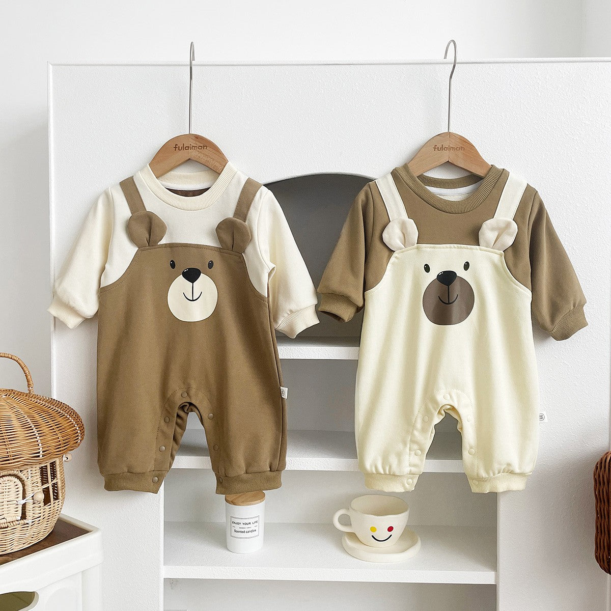 Autumn Baby Bodysuit Little Bear Pattern Dual Color Long Sleeve Warm Jumpsuit Baby Clothes Baby Boys Girls Romper 0-2 Years Old