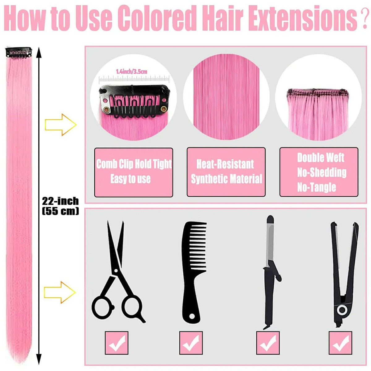 Clip in Hair Extensions Colored Party Highlights 22 inches 6pcs/pack Multi-colors Straight Hair Synthetic Hairpieces Royal Blue