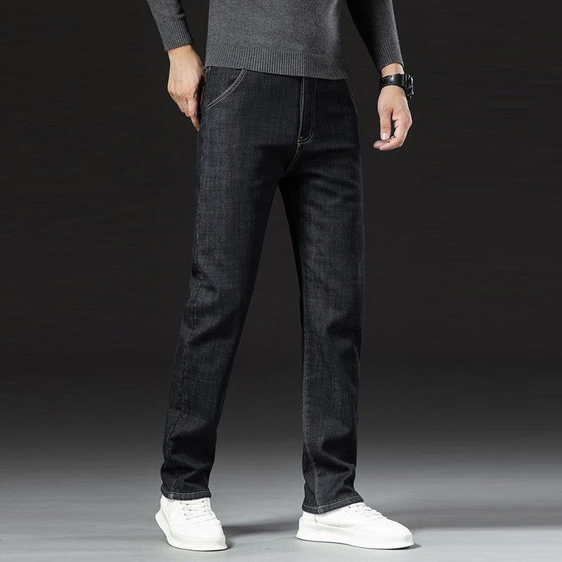 Men Winter Fleece Lined Thickened Warm Jeans Male Fashion Loose Straight Slim Fit Denim Pants Smart Casual Comfortable Trousers