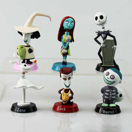 6PCS Set The Nightmare Before Christmas Action Figure Toys Jack Skellington Sally Finkelstein Lock Barrel Shaking Head PVC Doll