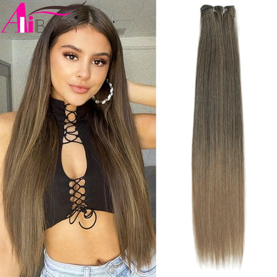 Alibaby Straight Hair Bundles Extensions Smooth Ombre Hair Weaving 26Inch Long Synthetic Straight Hair Bundles Full to End 150g