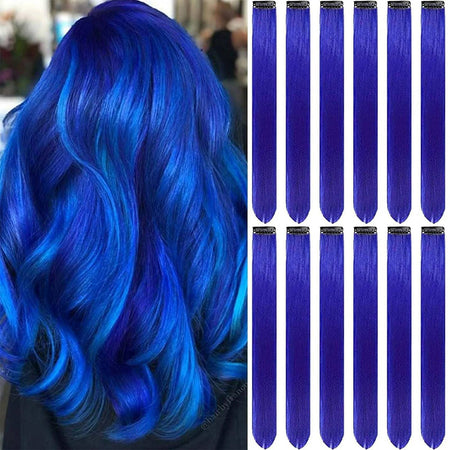 Clip in Hair Extensions Colored Party Highlights 22 inches 6pcs/pack Multi-colors Straight Hair Synthetic Hairpieces Royal Blue
