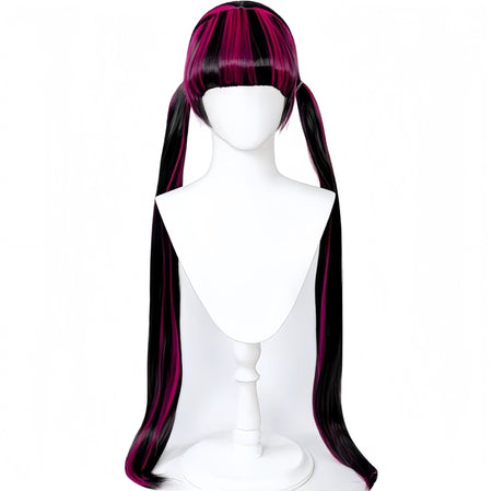 REEWES 40inch  Long Black Pink stright synthetic Hair Monster High Draculaura Wig With Bang For Teen Cosplay Halloween Costume