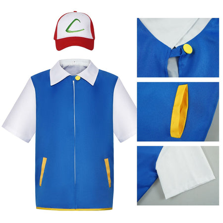 Men's Anime Trainer Cosplay Costume, Adult Ash Ketchum Outfit with Blue Jacket, Cap and Gloves, Unisex Halloween Party Disfraz