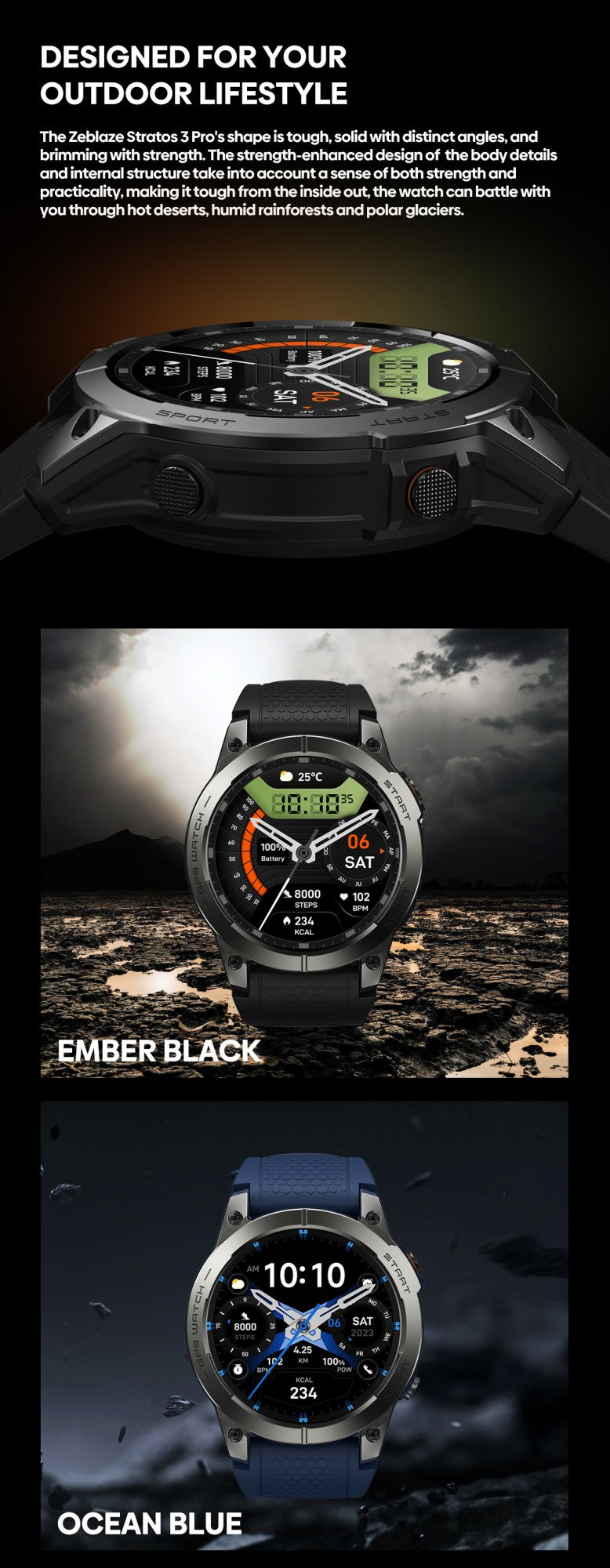 New Zeblaze Stratos 3 PRO GPS Smart Watch 1.43” HD AMOLED Display Built-in GPS Bluetooth Phone Calls Sports Smartwatch for Men