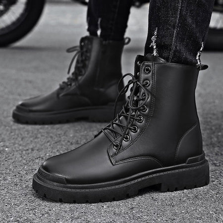 Black Men's Casual Leather Boots Fashion Winter Men Work Boot Mens Shoes Non-slip Designer High Top Ankle Boots Motorcycle Shoes