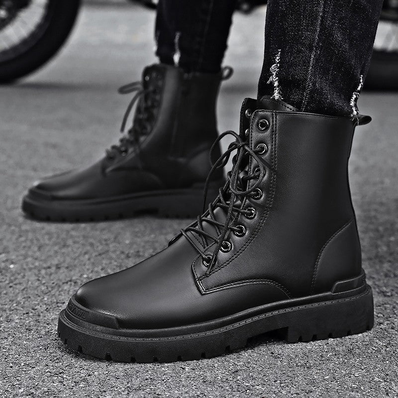 Black Men's Casual Leather Boots Fashion Winter Men Work Boot Mens Shoes Non-slip Designer High Top Ankle Boots Motorcycle Shoes