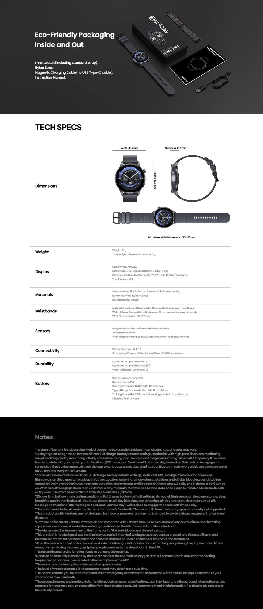 New Zeblaze Btalk 3 GPS Smartwatch 1.43" AMOLED Screen Dual Straps Make/Answer Phone Calls Heart Rate SpO2 Stress Tracking Watch