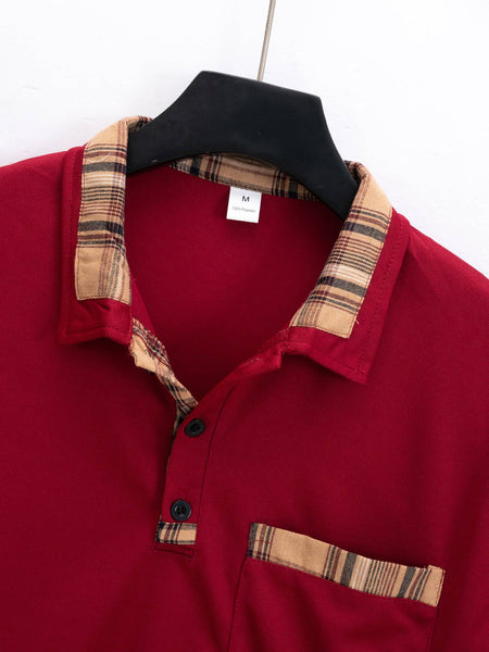 New  men's casual spring and fall fashion plaid lapel long sleeve pocket comfortable party outdoor top polo shirt