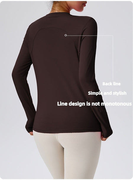 Naked Spring and Autumn Round Neck Fitness Yoga Clothing, Slimming and Slimming Base, Sports Top, Pilates Long Sleeve, Female