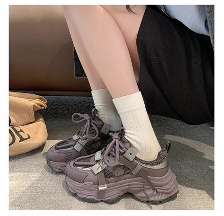 Women's Chunky Sneakers  Breathable Mesh Platform Sports Shoes Woman Fashion Lace Up Thick Sole Casual Shoes Mujer