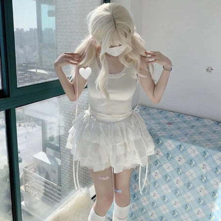 Summer White Mini Skirts Women Lace Patchwork Sweet A-line Slim High Street Bow Korean Fashion Y2k Skirt Harajuku Streetwear Ins