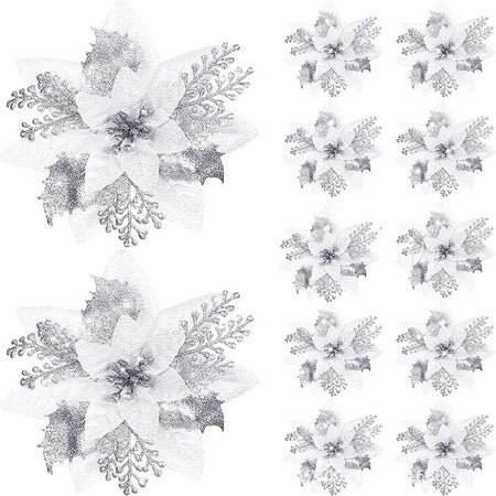 5pcs 14.5cm Glitter Artifical Christmas Flowers Mreey Christmas Tree Decoration Happy New Year Ornaments Xmas Fake Flowers natal