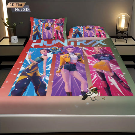 3pcs K-Pop Demon Hunters Printed Chipless Bed Sheet Set with Multiple Sizes Bed Cover Bedding Decoration Machine Washable