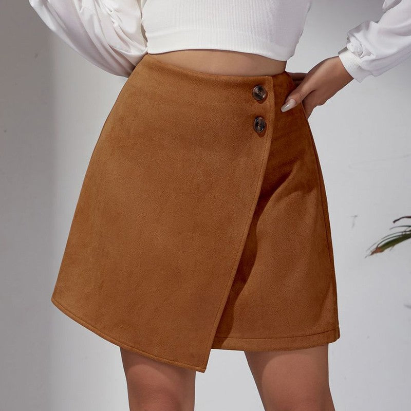 Chic Faux Suede Mini Skirts Women Design Irregular Button Skirts Woman Spring Autumn High Waist Zipper Up A-Line Skirt Ladies