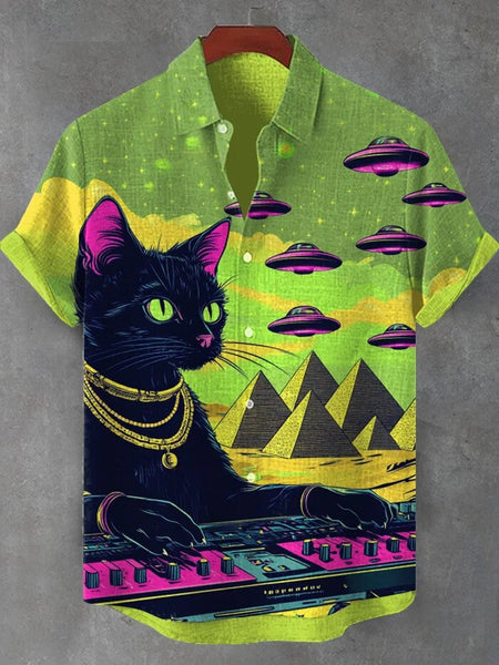 Men's Retro Cartoon Anime Cat Theme Short Sleeve Shirts Short Sleeve Tops Fashion Casual Vacation Streetwear Summer Men's Shirts