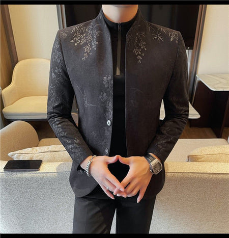Men's New Chinese Stand Collar Blazer Jacket 2025 Fashion Elegant Printed Slim Fit Business Suits Jacket Tailcoat Men Clothing