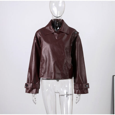 Street Stand Collar Women's Leather Jacket Loose Long Sleeve Zipper Pockets Chic Female Coats 2025 Autumn Winter Lady Outerwear