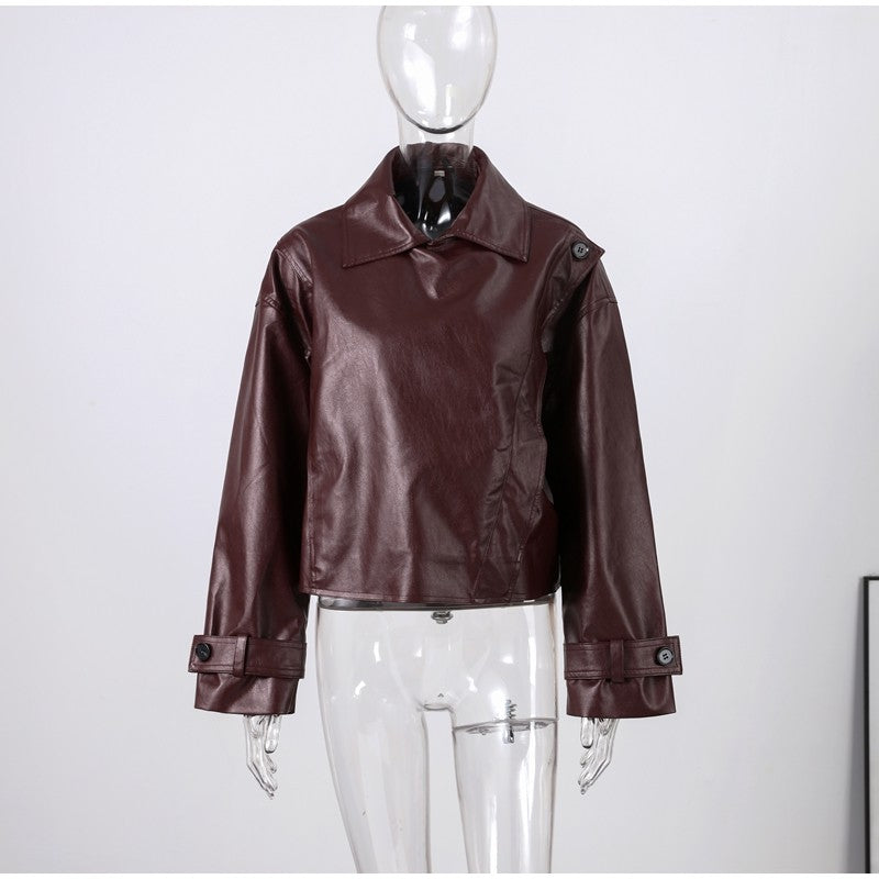 Street Stand Collar Women's Leather Jacket Loose Long Sleeve Zipper Pockets Chic Female Coats 2025 Autumn Winter Lady Outerwear