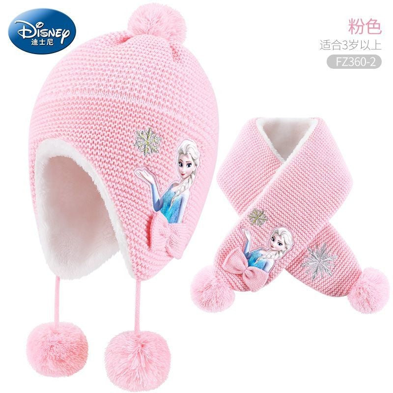 Disney Elsa Cartoon Cute Student Hat and Scarf Creative Kawaii Girls Princess Winter Warm Three-Piece Set Christmas Gift