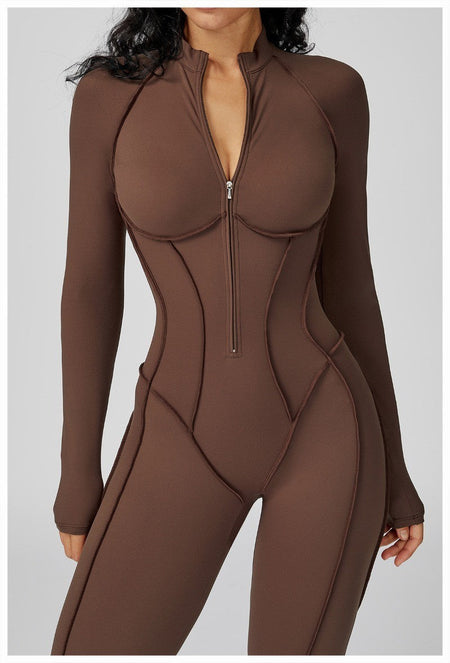 Women's Yoga Jumpsuit Long Sleeved Stand Collar Half Zip High-Intensity Workout One Piece Contrast Color Gym Fitness BodySuit