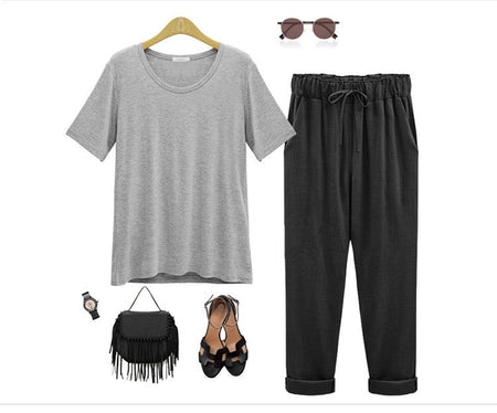 Cotton Linen Pants, Elastic Mid Waist Ankle Length Pant, Casual Women Loose Spring Pants, Female Slacks Size M-5XL 6XL 7XL 8XL