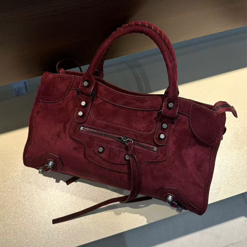 Retro suede motorcycle bag, women's city handbag, leather crossbody bag, single-shoulder armpit bag