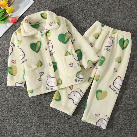High Quality Coral Fleece Flannel Cute Cartoon Pattern Pajama Sets Boys and Girls Long Sleeve Warm Comfortable Winter Sleepwear