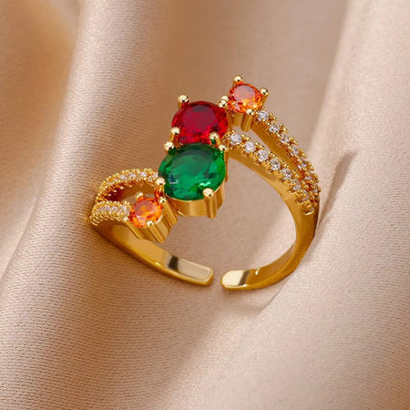 Luxury Stainless Steel Rings Gold Plated Colorful Stone Zircon Crystal Heart Ring For Women Wedding Boho Jewelry Christmas Gift