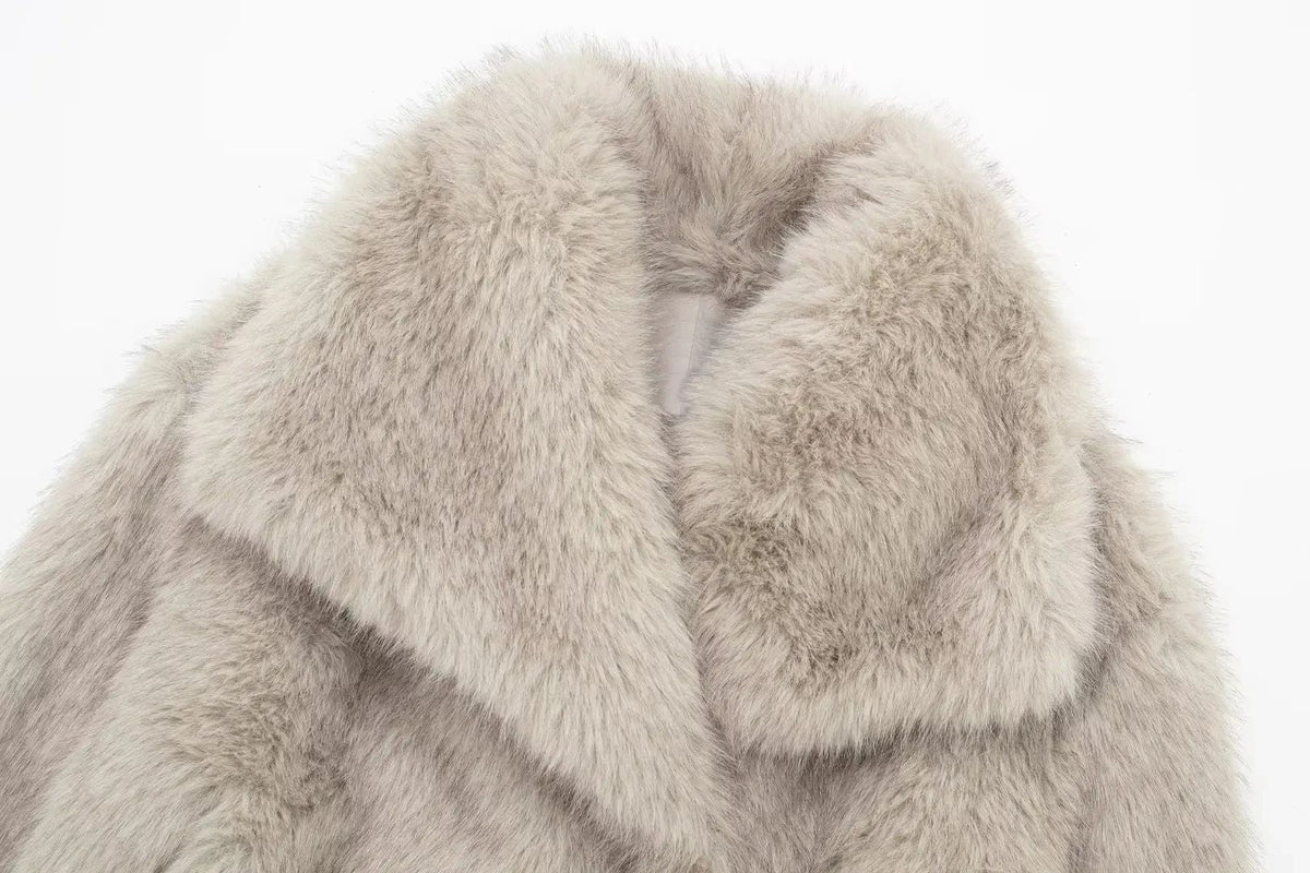 HH 2025 Vintage Women Cropped Faux Fur Jacket Long Sleeve Turn-Down Collar Female Plush Wool Coats Chic Lady Fur Outerwear