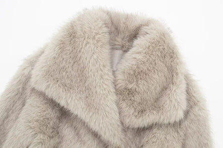HH 2025 Vintage Women Cropped Faux Fur Jacket Long Sleeve Turn-Down Collar Female Plush Wool Coats Chic Lady Fur Outerwear
