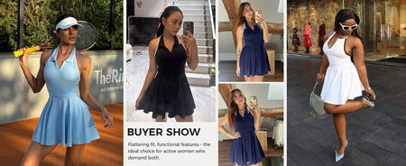 Fisoow Women's Tennis Skirt with Built in Shorts and Bra, Summer Backless Hanging Neck V-neck Yoga Golf Exercise Mini Dress