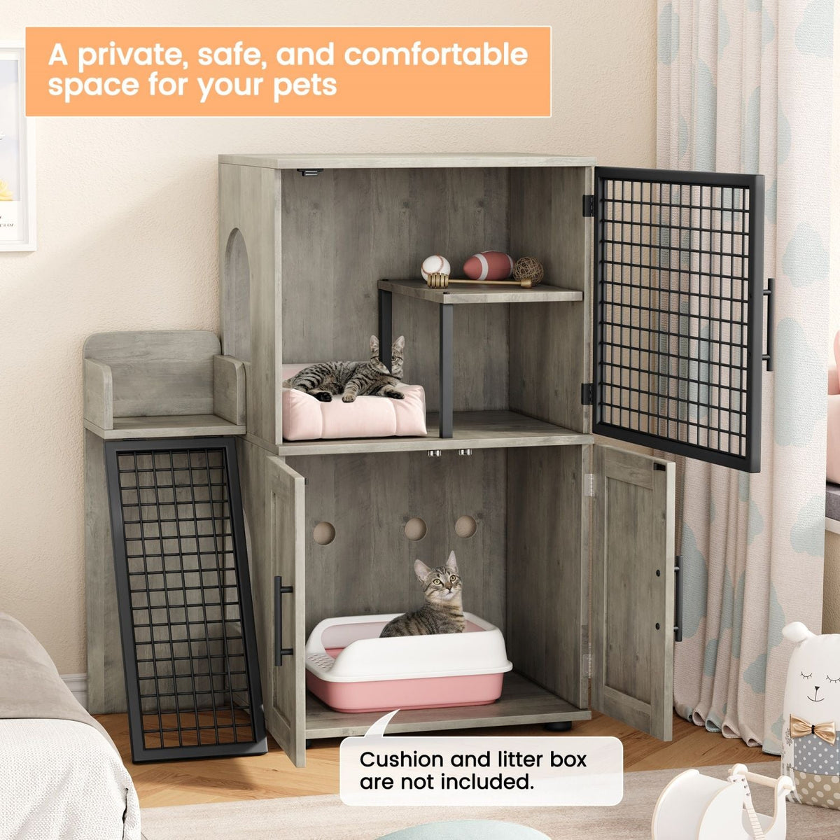 Cat Litter Box Enclosure with Platform,Double Layer Cat Litter Hidden Furniture,Cat Washroom Furniture,Cat House with Ladder