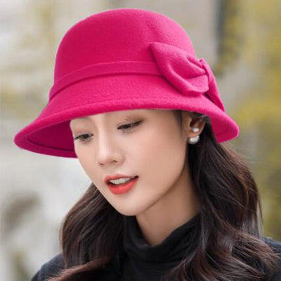 2022 Autumn Winter Fedoras Women Hat Elegant Vintage Bowknot Wool Ladies Hat Dome Felt Wedding Church Jazz Cap Female Bow Bowler
