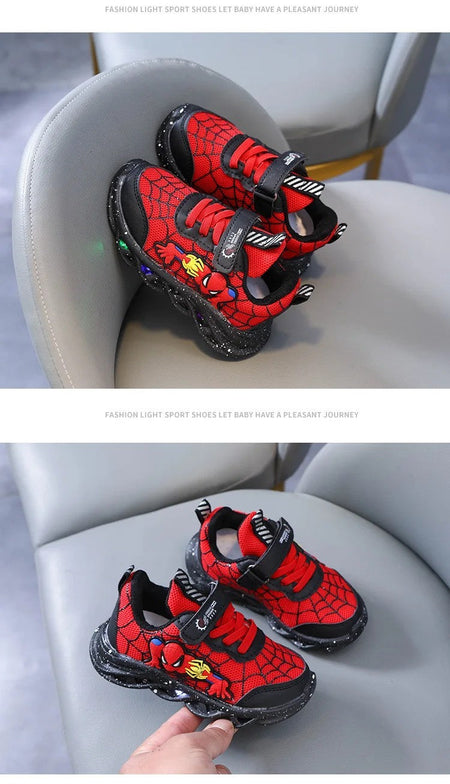 Disney LED Casual Sneakers Red Black For Spring Boys Spiderman Mesh Outdoor Shoes Children Lighted Non-slip Shoes Size 21-30