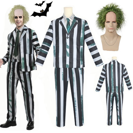 Adult Men Costume Black and White Striped Suit with Wig for Halloween Cosplay Party Outfit Horror Movie Character