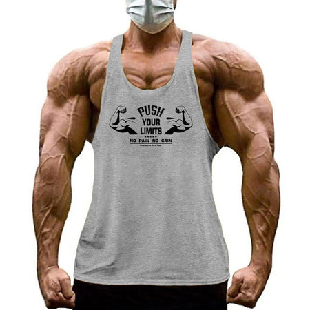 PUSH YOUR LIMITS NO PAIN NO GAIN Cotton Gym Tank Top Mens Bodybuilding Clothing Y Back Fitness Stringer Singlets Workout Shirt