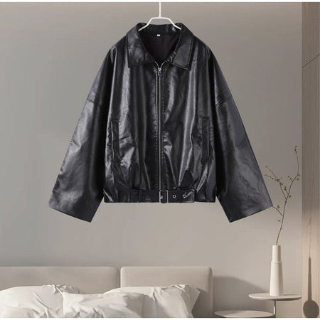 Street Stand Collar Women's Leather Jacket Loose Long Sleeve Zipper Pockets Chic Female Coats 2025 Autumn Winter Lady Outerwear