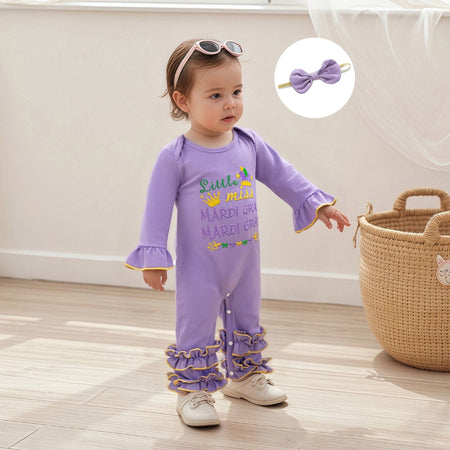 Suefunskry Baby Girl Mardi Gras Themed Romper Letter Crown Embroidery Long Sleeve Round Neck Jumpsuit with Bow Headband