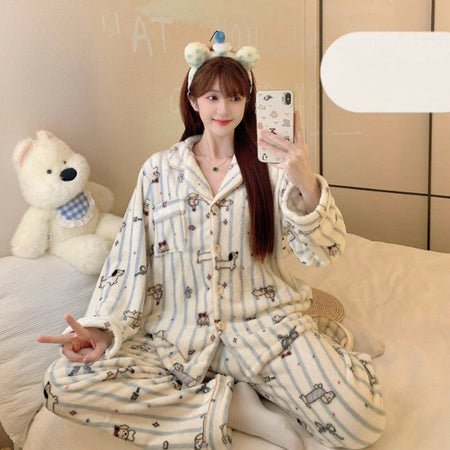 Winter Pajamas Lapel Neck Women's Pajamas Long Sleeve Kawaii Dog Warm Sleepwear Harajuku Style Cute Casual Pajamas Two-Piece