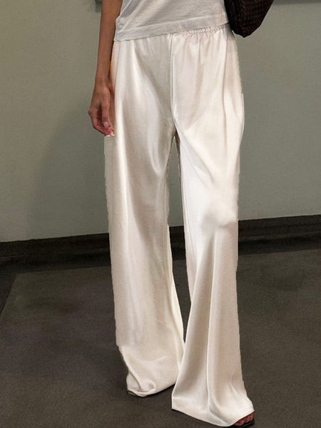 Chic Satin Wide Leg Dress Pants Women's Stylish Elastic Waist Loose Fit Long Trousers for Streetwear Work Solid Color