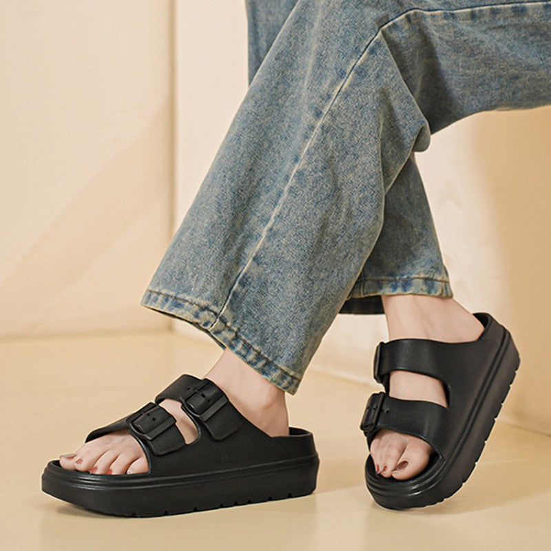 Bebealy Summer Breathable Soft-soled Beach Shoes Women Outdoor Double Buckle Embellished Sandals Non-slip Thick Sole Slippers