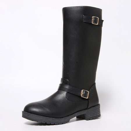 New Pu Leather Knee Boots for Women Shoes Buckle Metal Decoration Fashion Outdoor Ladies Footwear Long Black Platform Boots