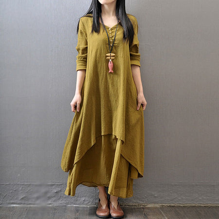 Summer Women Boho Vintage cotton and linen pocket dress Fake Two-piece Literary Irregular Large Swing Dress Robe double-layer
