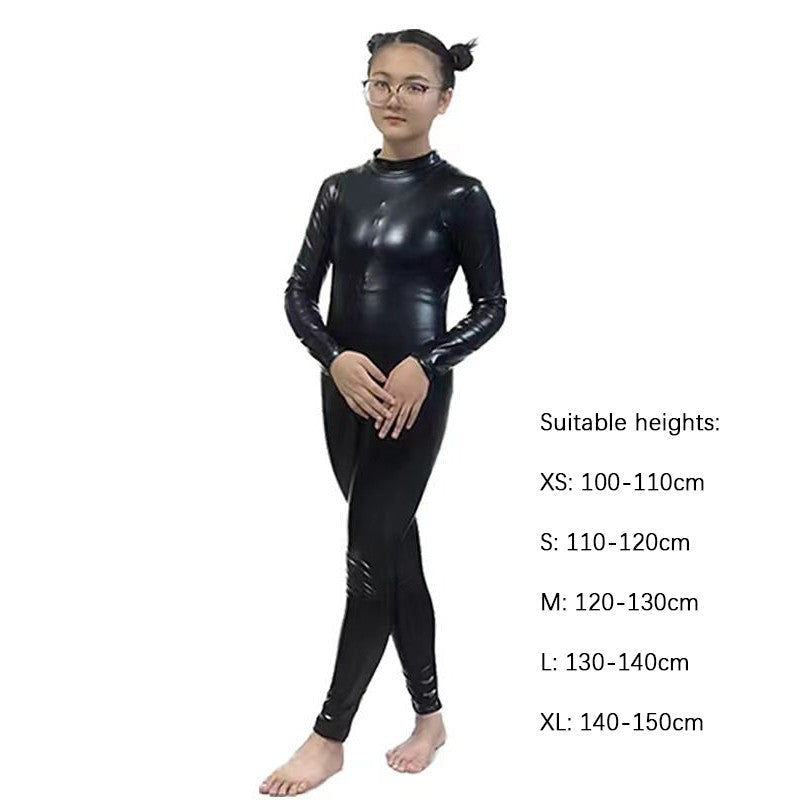 Kids Shiny Full Body Zentai Suit Metallic Tight Jumpsuit Halloween Cosplay Stage Performance Costume for Girls Boys