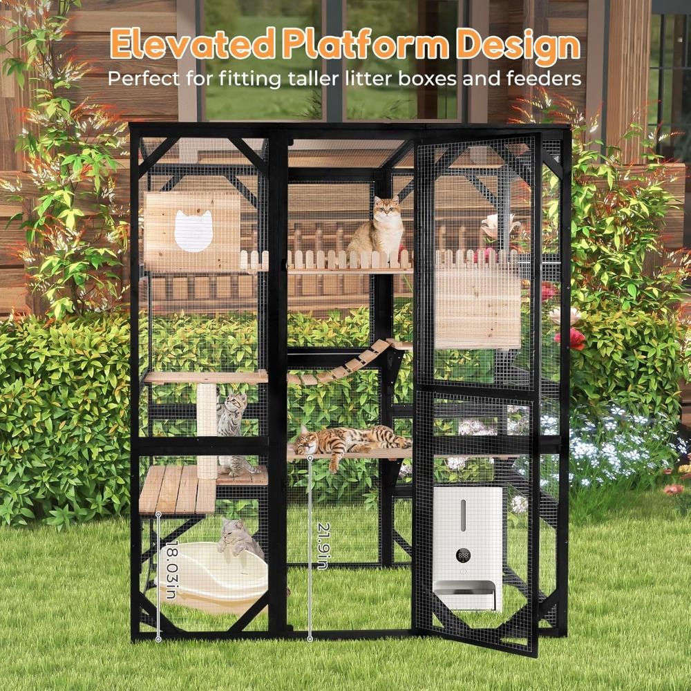 Large Cat Catio Outdoor Window Enclosure 73" Wooden Cat House Attached to Window Catio for Cats Walk in Kitty Kennel with Large
